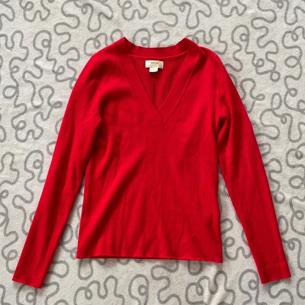 Anthropologie Maeve Red Ribbed V-Neck Sweater
